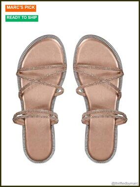 Rhinestone Strappy Flat Sandals Sparkly Slide Slip-On Comfortable Casual Party